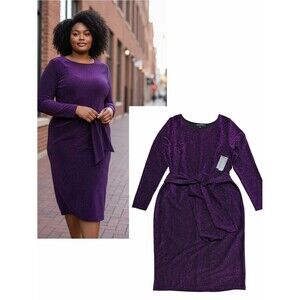 ELOQUII NWT Black/Purple Metallic Shimmer Lurex Long Sleeve Tie Waist Dress 16